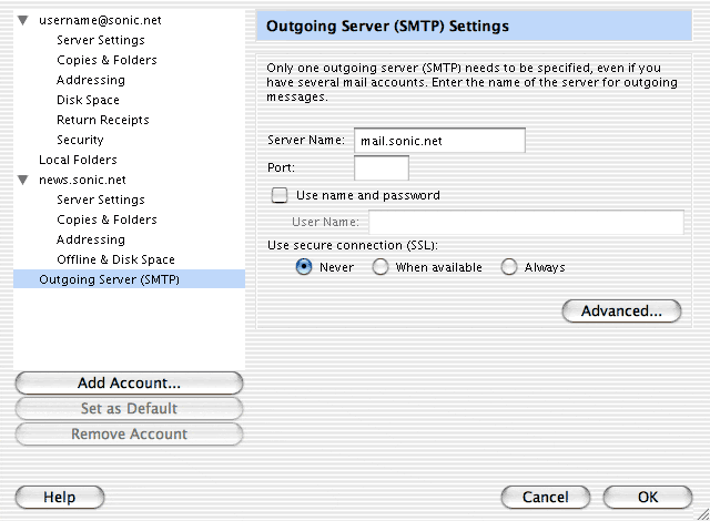 Outgoing Server (SMTP) Settings screen