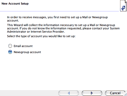 select "Newsgroup account" and press the right-arrow to continue