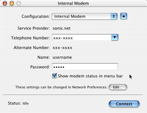 Set up the Internet Connect Window
like this